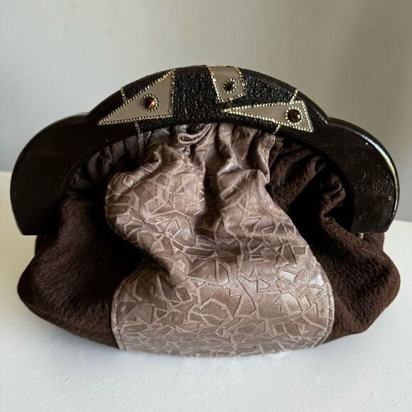 Vintage Patchwork Leather Wooden Handle Clutch With Stones - Picture 10 of 11